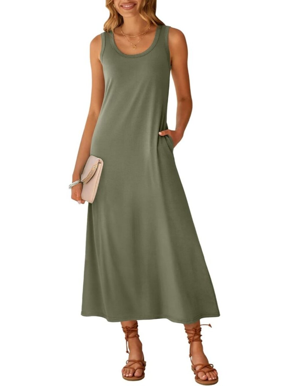 Women's Army Green Scoop Neck Sleeveless Long Tank Maxi Dress Summer Sundress
